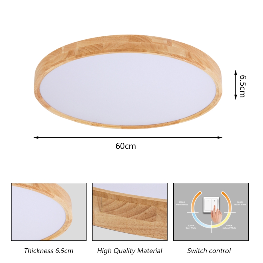 Brilagi - LED-plafondlamp WOODROUND LED/40W/230V 3000/4000/6000K Ø 60 cm hout CRI 90