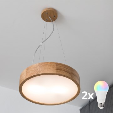 Brilagi - LED RGBW dimbare hanglamp aan kabel CARVALHO 2xE27/15W/230V 2700-6500K Wi-Fi eik Ø 37 cm