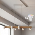 Brilagi - LED RGBW dimbare hanglamp aan kabel SELE 6xGU10/6,5W/230V 2700-6500K wit/eiken decor + afstandsbediening