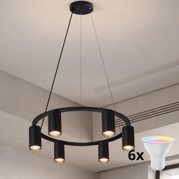Brilagi - LED RGBW dimbare hanglamp aan kabel SELE 6xGU10/6,5W/230V 2700-6500K zwart + afstandsbediening