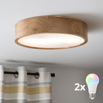 Brilagi - LED RGBW dimbare plafondlamp CARVALHO 2xE27/9W/230V 2700-6500K Wi-Fi eik Ø 37,5 cm