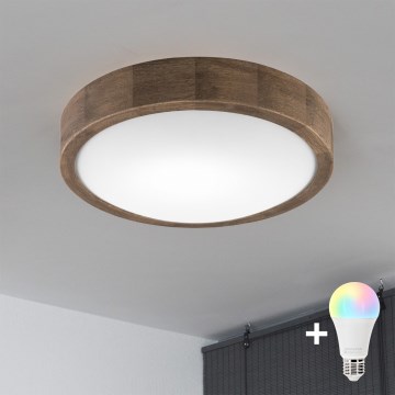 Brilagi - LED RGBW dimbare plafondlamp CARVALHO SLIM 1xE27/9W/230V 2700-6500K Wi-Fi eiken Ø 27 cm