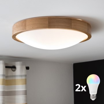 Brilagi - LED RGBW dimbare plafondlamp CARVALHO SLIM 2xE27/9W/230V 2700-6500K Wi-Fi eiken Ø 37 cm