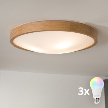 Brilagi - LED RGBW dimbare plafondlamp CARVALHO SLIM 3xE27/15W/230V 2700-6500K Wi-Fi eiken Ø 47 cm