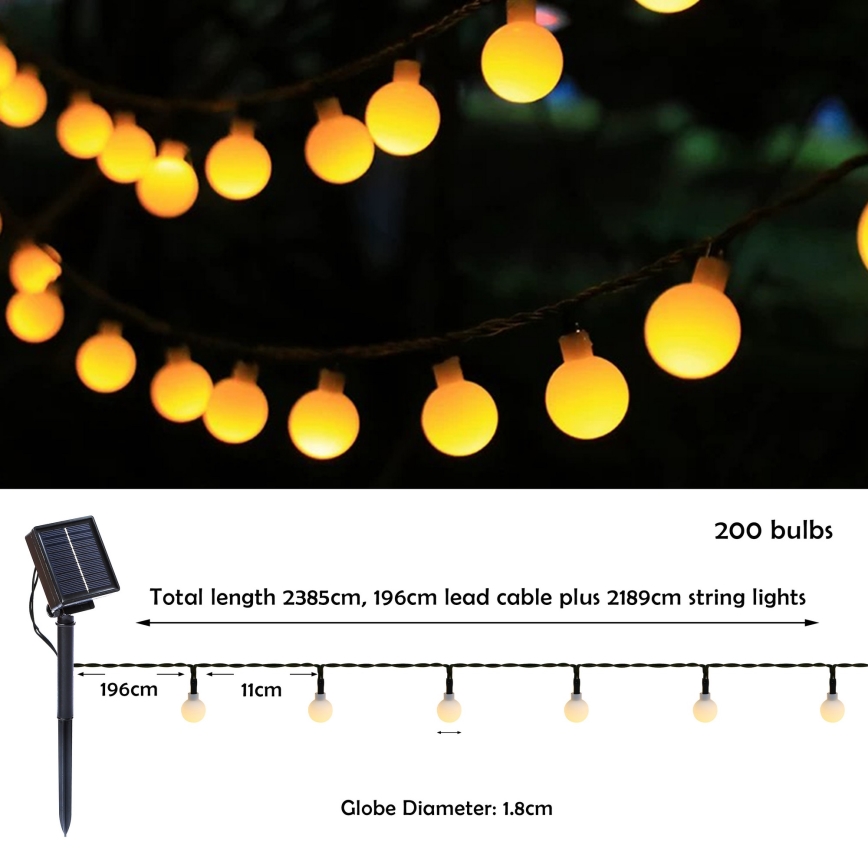 Brilagi - LED Zonnestroom Decoratieve Slinger BUBBLE 200xLED/8 functies 20m IP65 warm wit 800 mAh