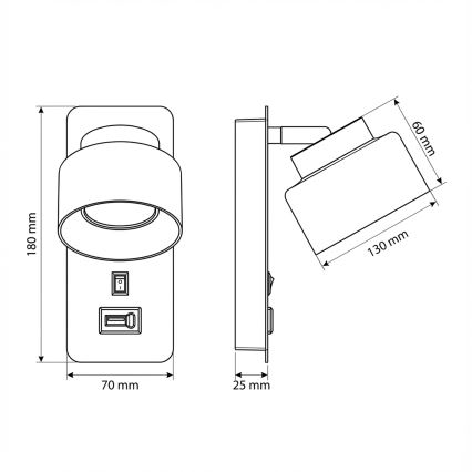 Brilagi - LED Wandlamp met USB-poort AURA LUX 1xGX53/30W/230V zwart/rookkleurig