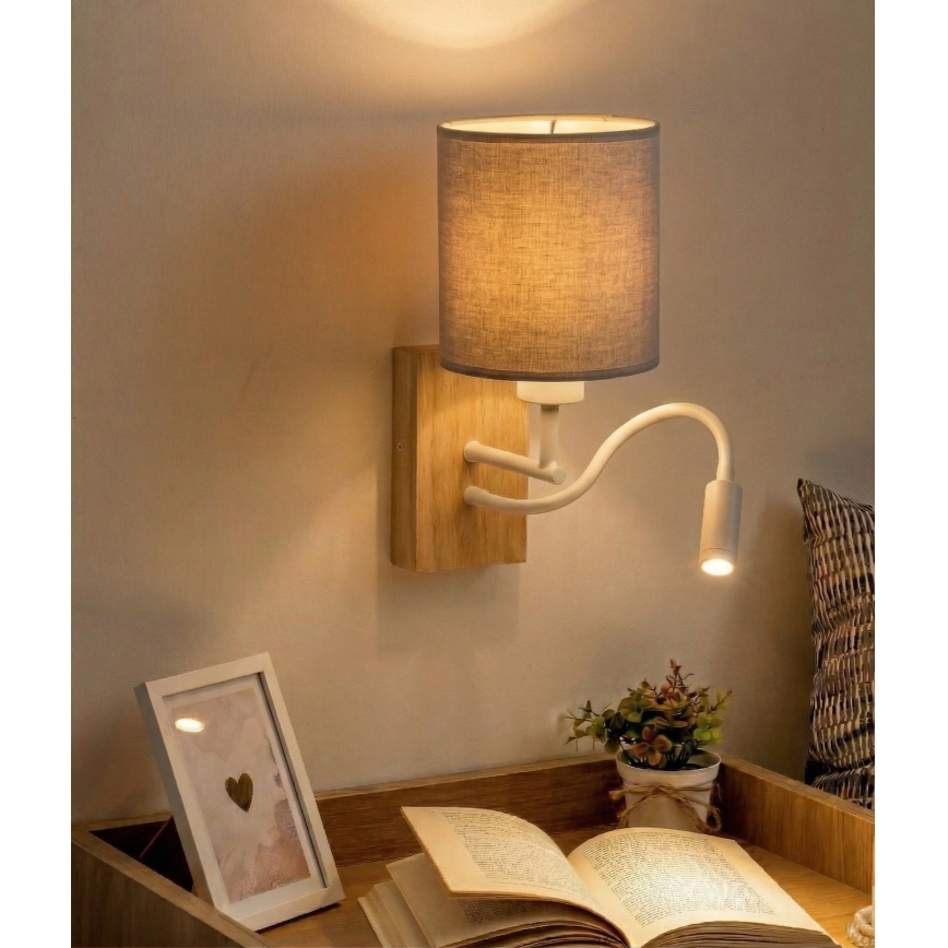 Brilagi - Flexibele LED-wandlamp NUBILA WOOD 1xE27/25W/230V + LED/3W eiken/wit/lichtgrijs