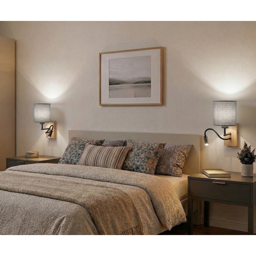 Brilagi - Flexibele LED-wandlamp NUBILA WOOD 1xE27/25W/230V + LED/3W eiken/wit/lichtgrijs