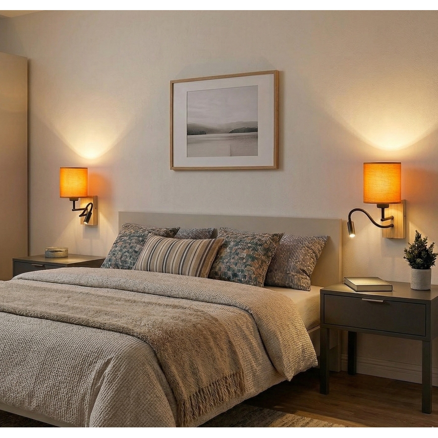 Brilagi - LED flexibele wandlamp NUBILA WOOD 1xE27/25W/230V + LED/3W eiken/zwart/oranje