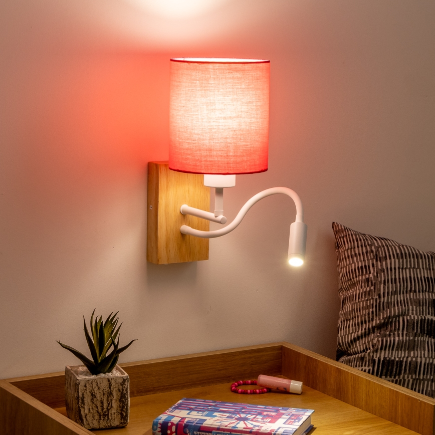 Brilagi - LED Flexibele wandlamp NUBILA WOOD 1xE27/25W/230V + LED/3W eiken/roze