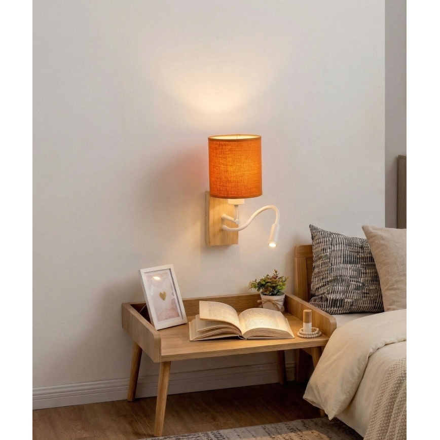 Brilagi - LED flexibele wandlamp NUBILA WOOD 1xE27/25W/230V + LED/3W eiken/wit/oranje