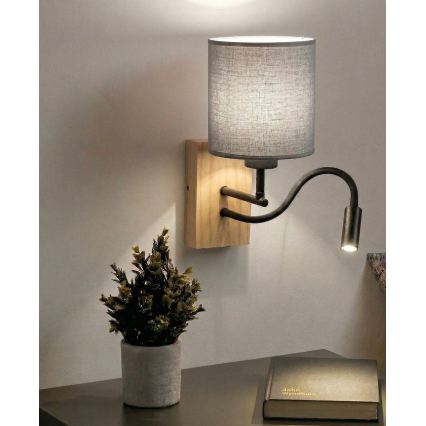 Brilagi - LED flexibele wandlamp NUBILA WOOD 1xE27/25W/230V + LED/3W eiken/zwart/lichtgrijs