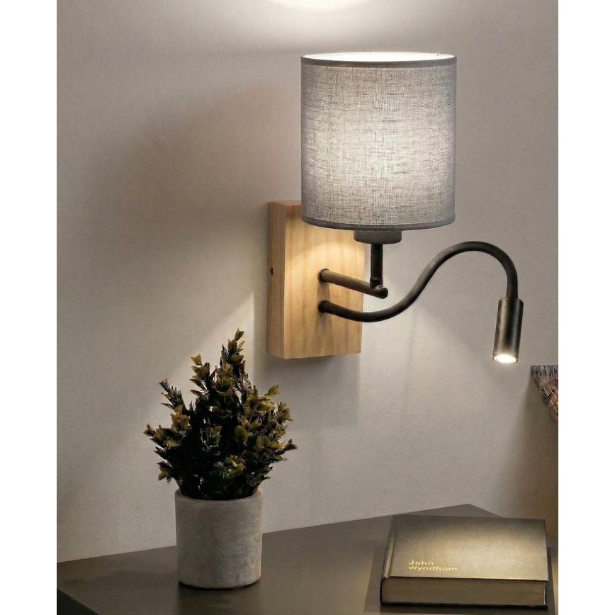 Brilagi - LED flexibele wandlamp NUBILA WOOD 1xE27/25W/230V + LED/3W eiken/zwart/lichtgrijs