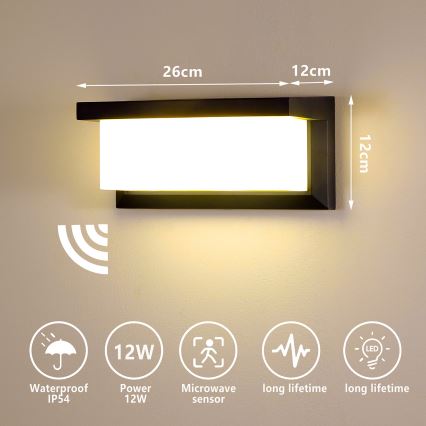 Brilagi - LED Wandlamp voor buiten met sensor BRICKY LED/12W/230V zwart IP54