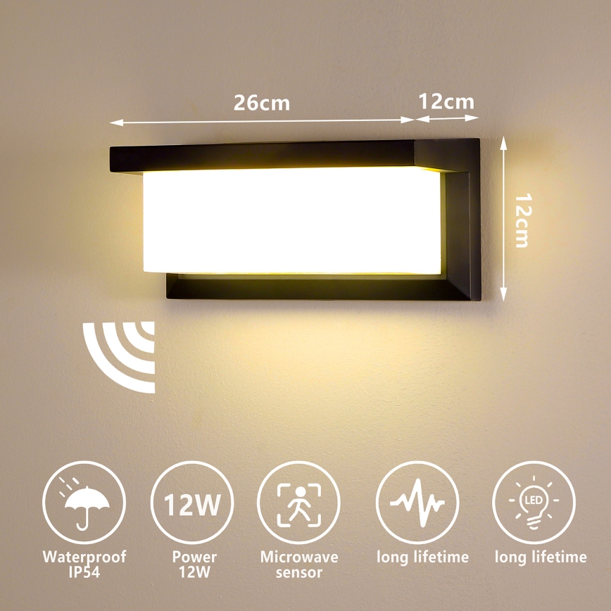 Brilagi - LED Wandlamp voor buiten met sensor BRICKY LED/12W/230V zwart IP54