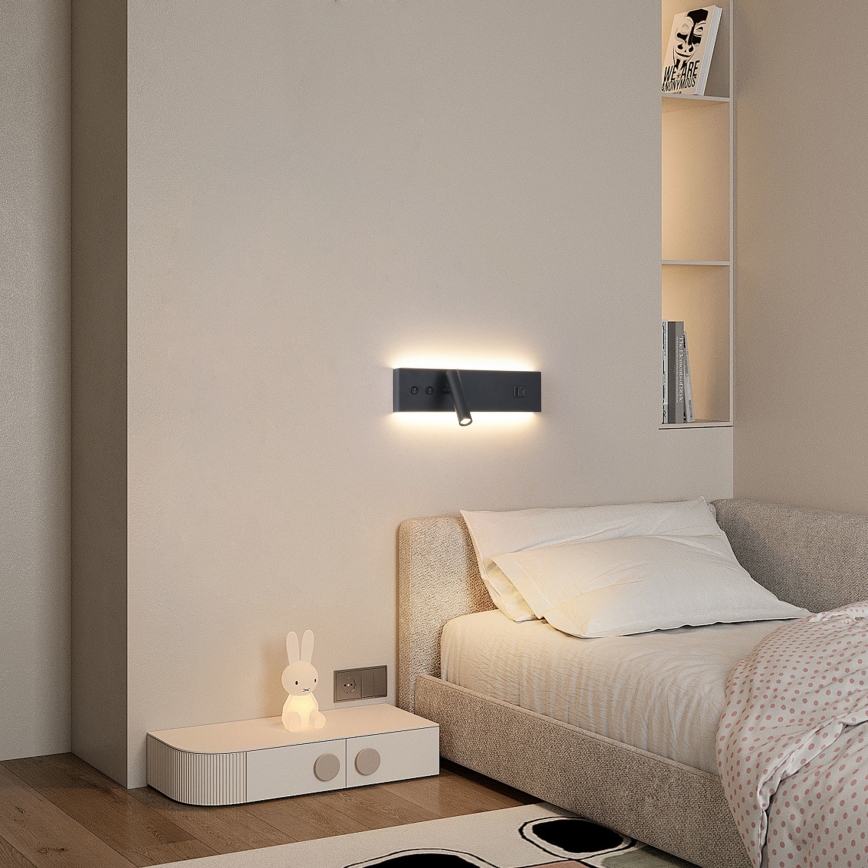 Brilagi - NOCTIS LED-wandspot met USB-poort, LED 3W/230V + LED 9W, zwart