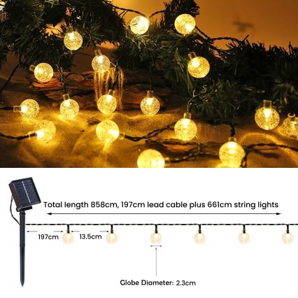BRILAGI - BUBBLE LED zonne-decoratiesnoer, 200 LEDs, 8 functies, 20 m, IP65, warm wit, 800 mAh