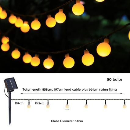 Brilagi - LED zonne-lichtsnoer BUBBLE 50xLED/8 functies 7m IP65 warm wit 600 mAh