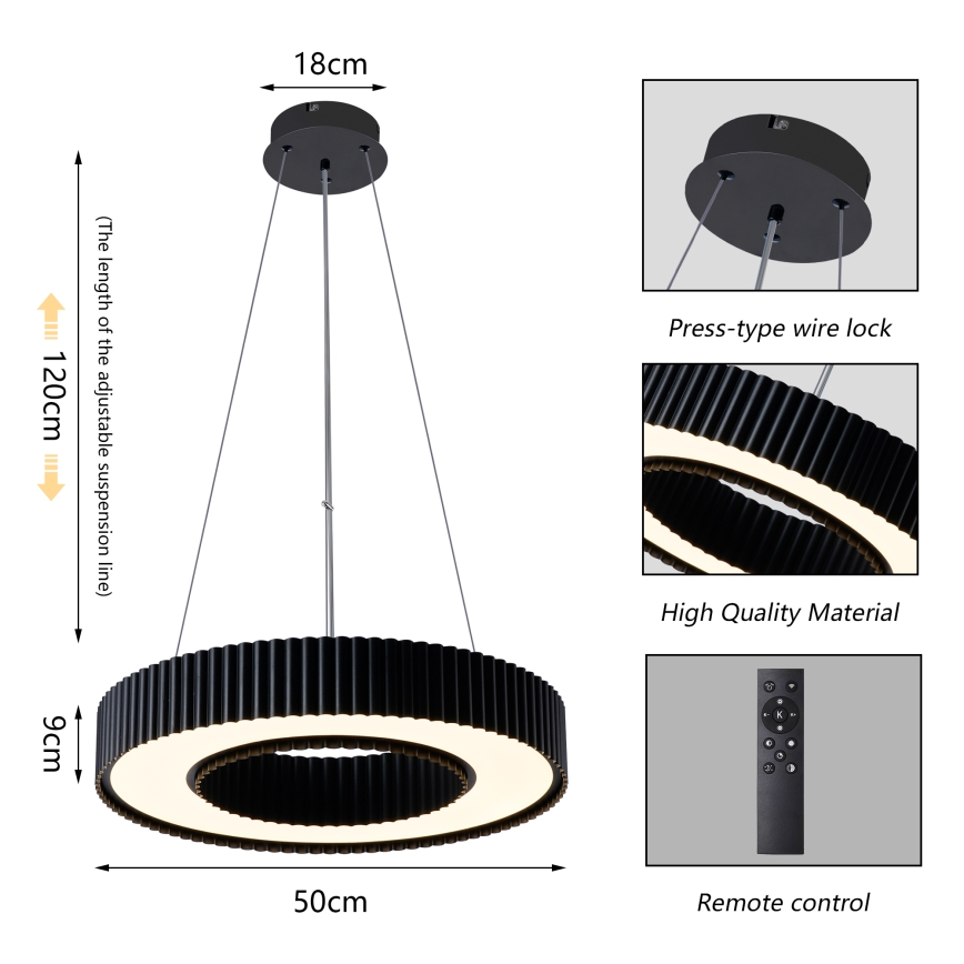 Brilagi - LUMIX dimbare LED-hanglamp aan staalkabel, 48W, 230V, 3000-6000K, zwart, Ø 50 cm + afstandsbediening