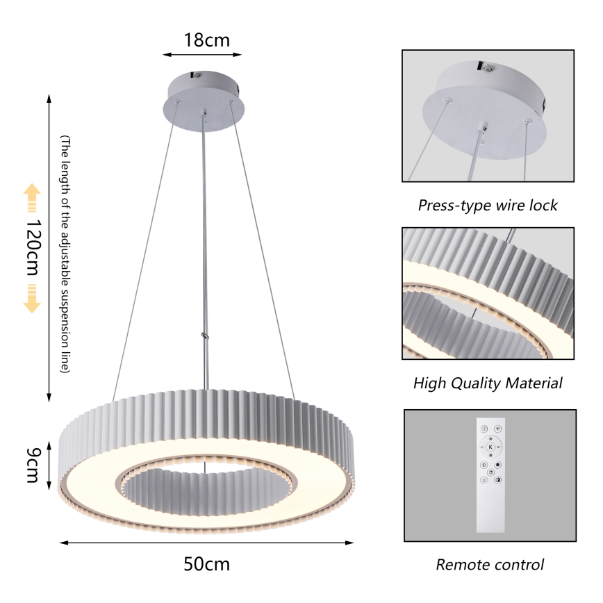Brilagi - LUMIX LED dimbare hanglamp aan kabel, 48W/230V, 3000–6000K, wit, Ø 50 cm + afstandsbediening