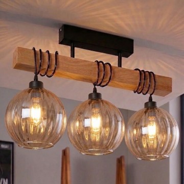 Brilagi - Opbouwkroonluchter WOOD GLASS 3xE27/60W/230V dennenhout/zwart/rookbruin