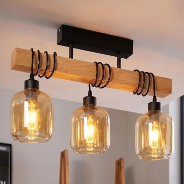 Brilagi - Opbouwkroonluchter WOOD GLASS 3xE27/60W/230V grenen/zwart/gerookt bruin
