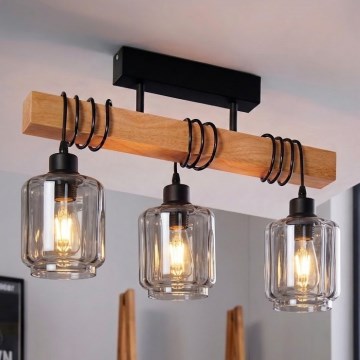 Brilagi - Opbouwkroonluchter WOOD GLASS 3xE27/60W/230V grenen/zwart/rookbeige