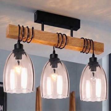 Brilagi - Opbouwkroonluchter WOOD GLASS 3xE27/60W/230V grenen/zwart/rookbeige