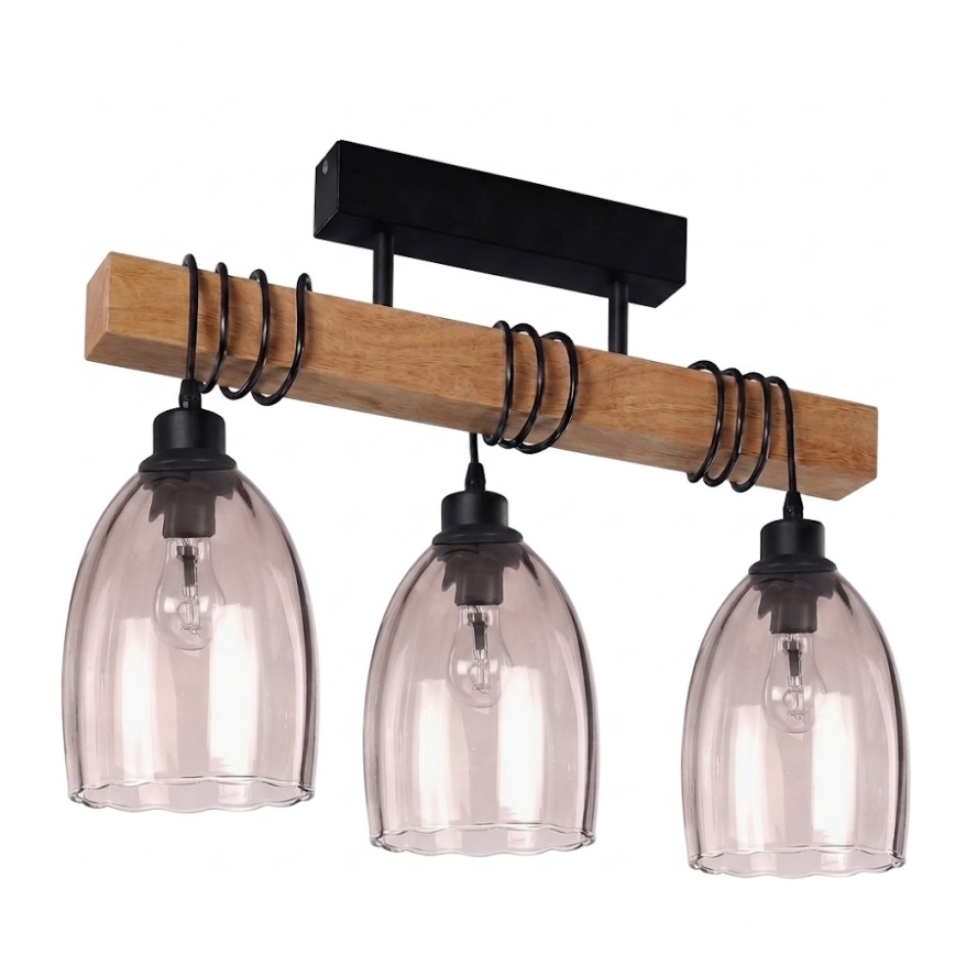 Brilagi - Opbouwkroonluchter WOOD GLASS 3xE27/60W/230V grenen/zwart/rookbeige