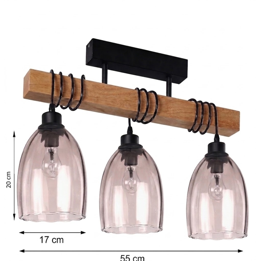Brilagi - Opbouwkroonluchter WOOD GLASS 3xE27/60W/230V grenen/zwart/rookbeige