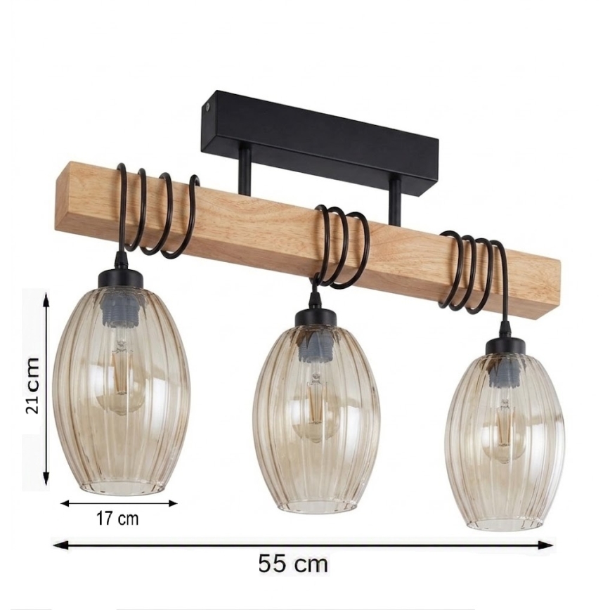 Brilagi - Opbouwlamp WOOD GLASS 3xE27/60W/230V dennen/zwart/rookbeige