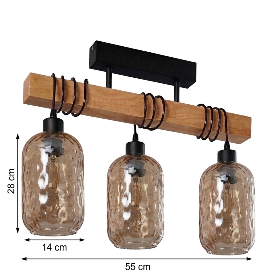 Brilagi - Opbouwplafondlamp WOOD GLASS 3xE27/60W/230V dennen/zwart/rookbruin