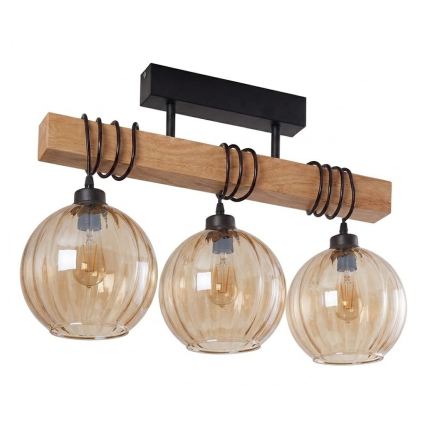 Brilagi - Opbouwkroonluchter WOOD GLASS 3xE27/60W/230V dennenhout/zwart/rookbruin