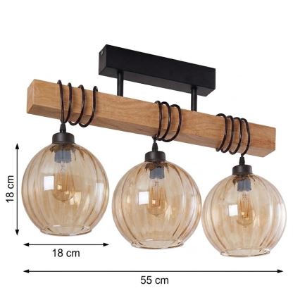 Brilagi - Opbouwkroonluchter WOOD GLASS 3xE27/60W/230V dennenhout/zwart/rookbruin