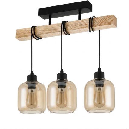Brilagi - Opbouwkroonluchter WOOD GLASS 3xE27/60W/230V grenen/zwart/gerookt bruin