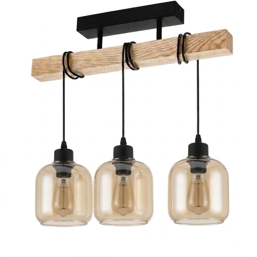 Brilagi - Opbouwkroonluchter WOOD GLASS 3xE27/60W/230V grenen/zwart/gerookt bruin