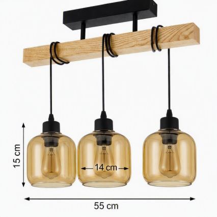 Brilagi - Opbouwkroonluchter WOOD GLASS 3xE27/60W/230V grenen/zwart/gerookt bruin