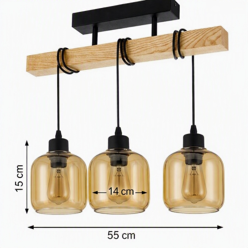 Brilagi - Opbouwkroonluchter WOOD GLASS 3xE27/60W/230V grenen/zwart/gerookt bruin