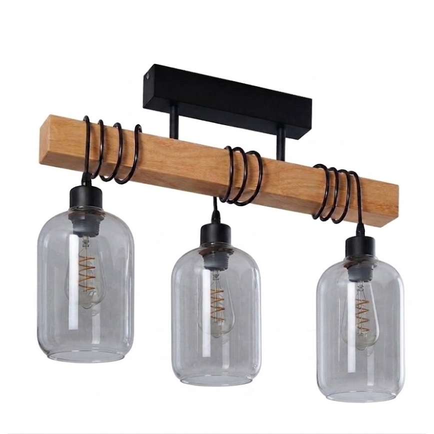 Brilagi - Plafonnière WOOD GLASS 3xE27/60W/230V grenen/zwart/rookgrijs