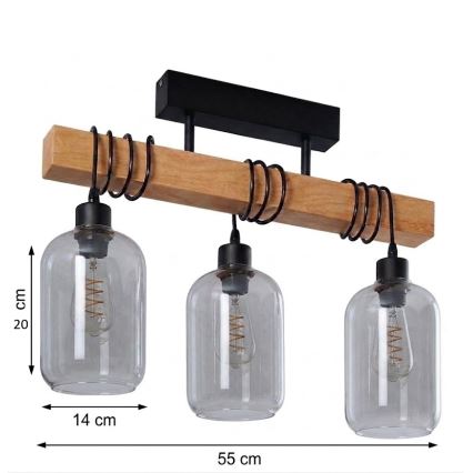 Brilagi - Plafonnière WOOD GLASS 3xE27/60W/230V grenen/zwart/rookgrijs