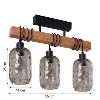 Brilagi - Opbouwlamp WOOD GLASS 3xE27/60W/230V grenen/zwart/rookgrijs