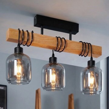 Brilagi - Opbouwkroonluchter WOOD GLASS 3xE27/60W/230V grenen/zwart/rookgrijs