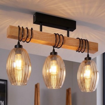 Brilagi - Opbouwlamp WOOD GLASS 3xE27/60W/230V dennen/zwart/rookbeige