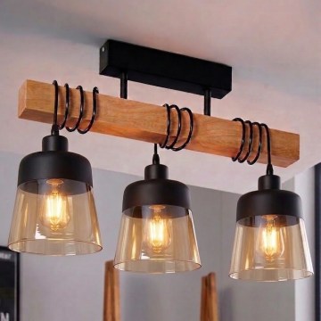 Brilagi - Opbouwplafondlamp WOOD GLASS 3xE27/60W/230V dennenhout/zwart/rookbruin