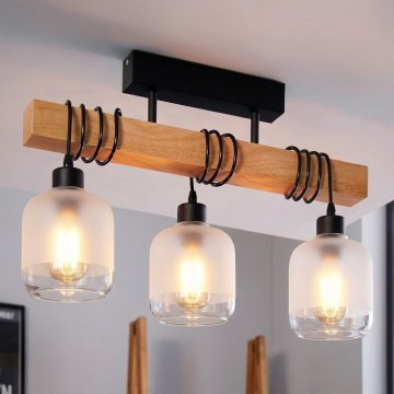 Brilagi - Opbouwplafonnière WOOD GLASS 3xE27/60W/230V grenen/zwart/wit