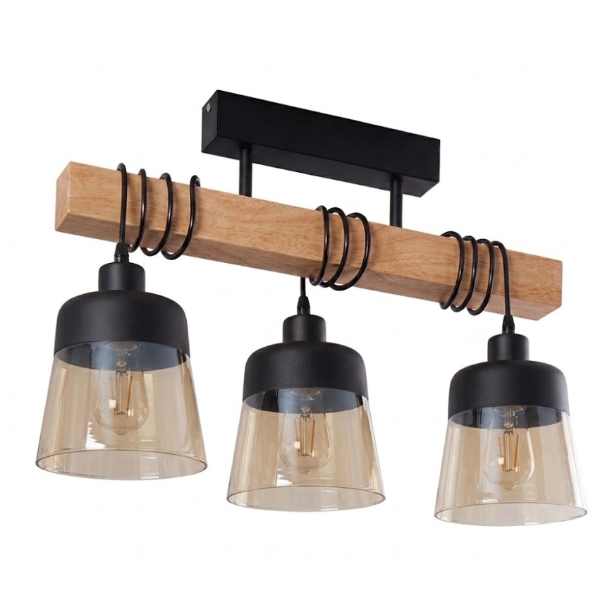 Brilagi - Opbouwplafondlamp WOOD GLASS 3xE27/60W/230V dennenhout/zwart/rookbruin