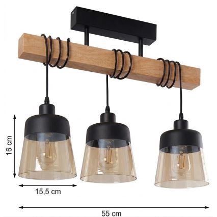 Brilagi - Opbouwplafondlamp WOOD GLASS 3xE27/60W/230V dennenhout/zwart/rookbruin