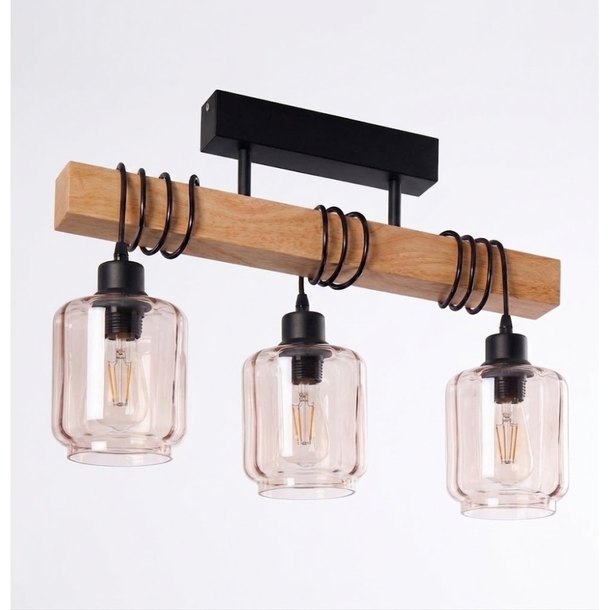 Brilagi - Opbouwkroonluchter WOOD GLASS 3xE27/60W/230V grenen/zwart/rookbeige
