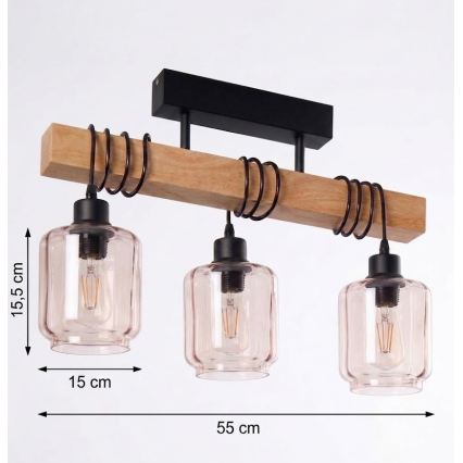 Brilagi - Opbouwkroonluchter WOOD GLASS 3xE27/60W/230V grenen/zwart/rookbeige