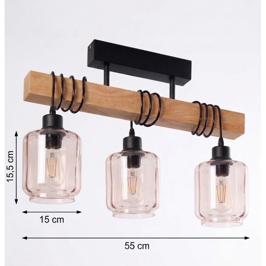 Brilagi - Opbouwkroonluchter WOOD GLASS 3xE27/60W/230V grenen/zwart/rookbeige